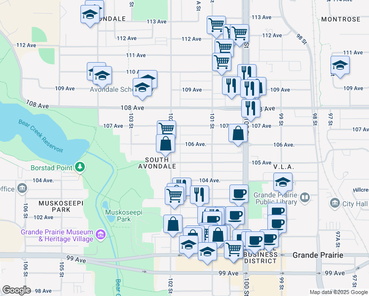 map of restaurants, bars, coffee shops, grocery stores, and more near 10129 106 Avenue in Grande Prairie