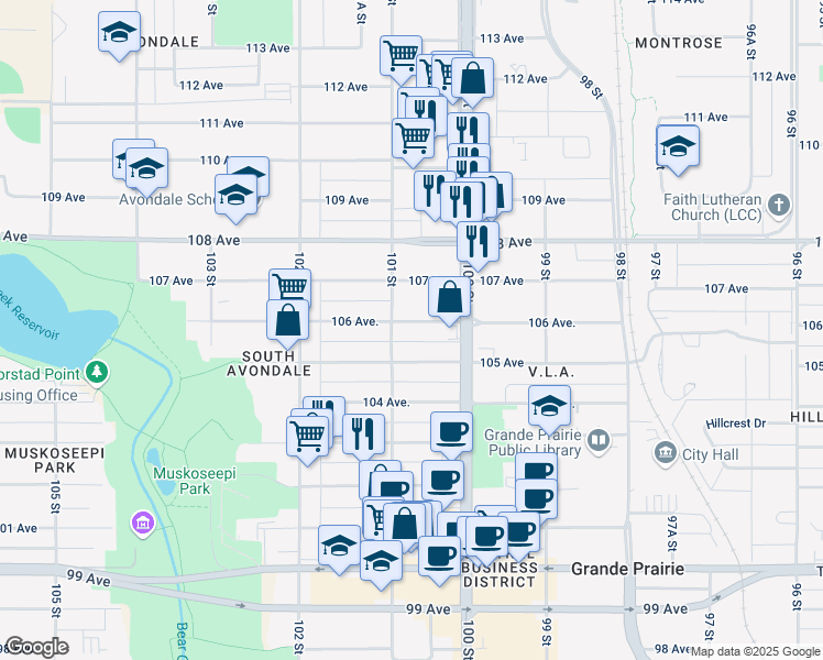 map of restaurants, bars, coffee shops, grocery stores, and more near 10025 106 Avenue in Grande Prairie
