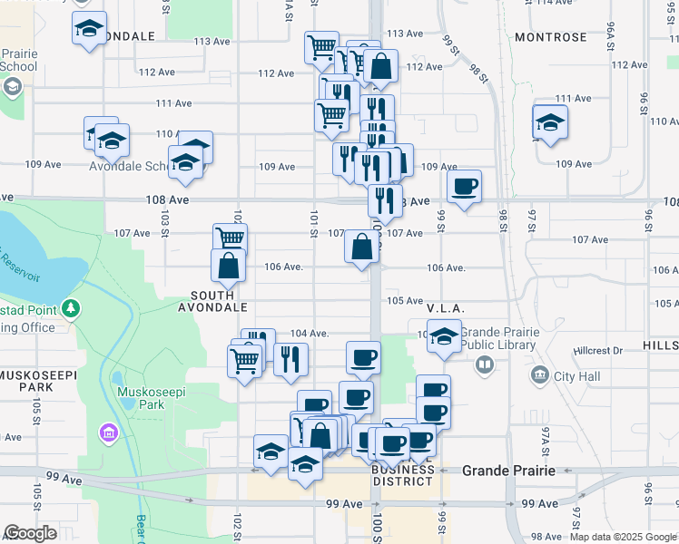 map of restaurants, bars, coffee shops, grocery stores, and more near 10019 106 Avenue in Grande Prairie