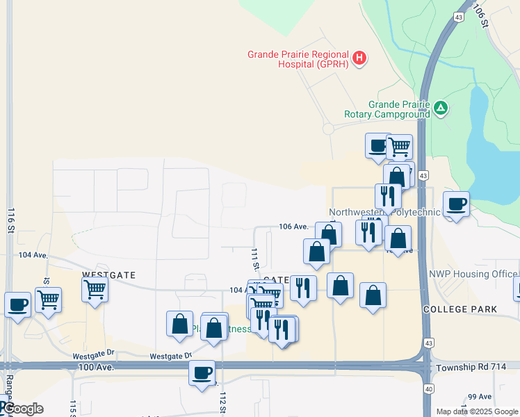 map of restaurants, bars, coffee shops, grocery stores, and more near 11074 106 Avenue in Grande Prairie