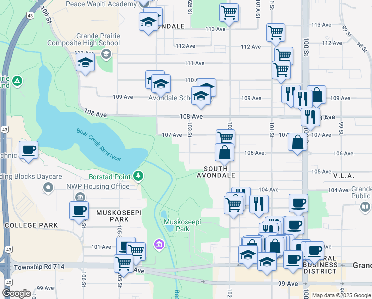 map of restaurants, bars, coffee shops, grocery stores, and more near 10304 106 Avenue in Grande Prairie
