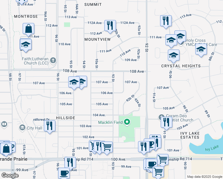 map of restaurants, bars, coffee shops, grocery stores, and more near 9303 106 Avenue in Grande Prairie