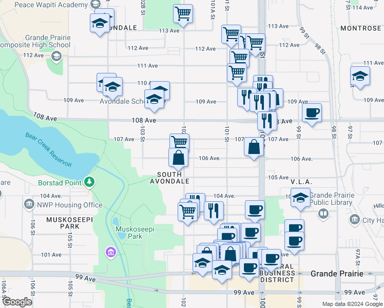 map of restaurants, bars, coffee shops, grocery stores, and more near 10129 106 Avenue in Grande Prairie