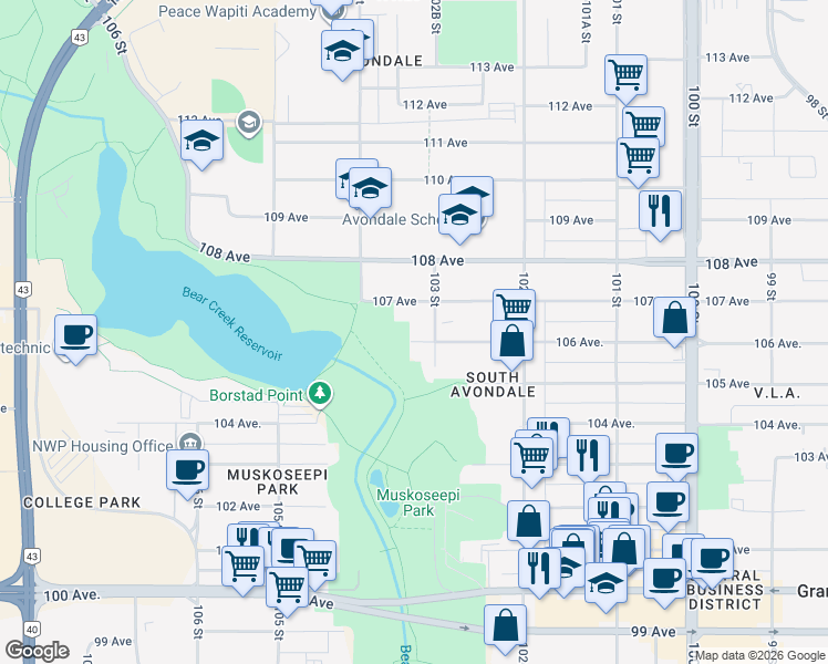 map of restaurants, bars, coffee shops, grocery stores, and more near 10308 106 Avenue in Grande Prairie
