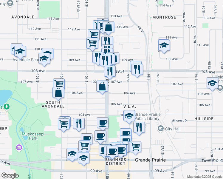 map of restaurants, bars, coffee shops, grocery stores, and more near 10601 100 Street in Grande Prairie