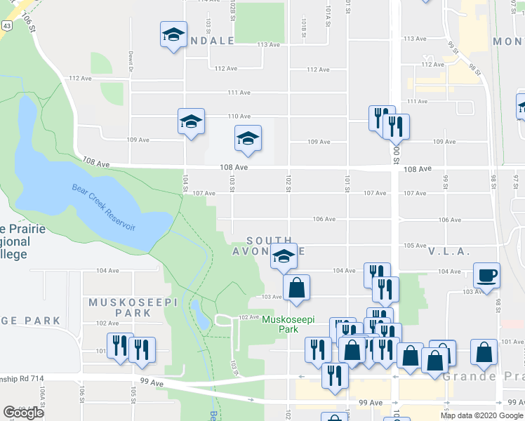 map of restaurants, bars, coffee shops, grocery stores, and more near 10217 106 Avenue in Grande Prairie
