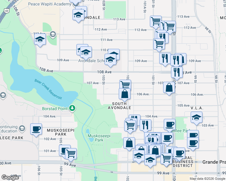 map of restaurants, bars, coffee shops, grocery stores, and more near 10217 106 Avenue in Grande Prairie