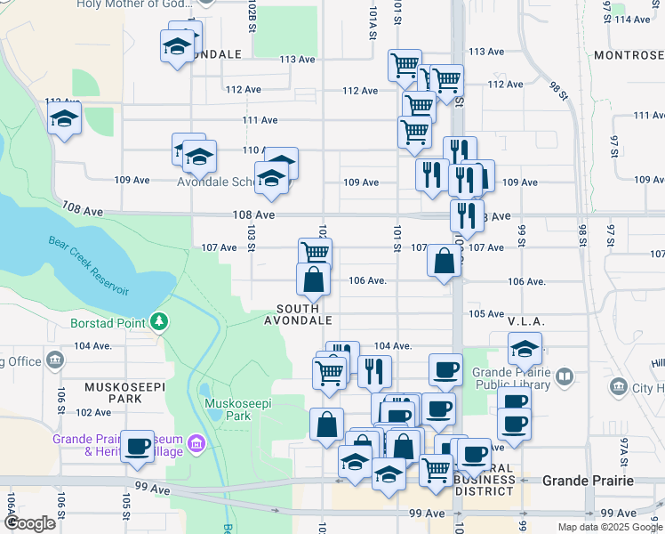 map of restaurants, bars, coffee shops, grocery stores, and more near 10203 106 Avenue in Grande Prairie