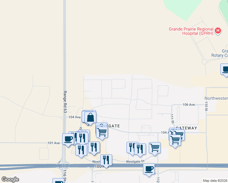 map of restaurants, bars, coffee shops, grocery stores, and more near 11401 106 Avenue in Grande Prairie