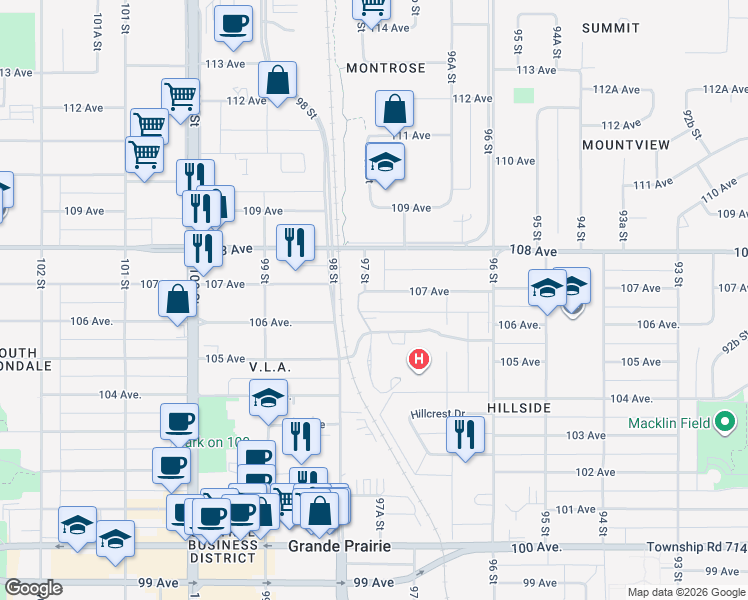 map of restaurants, bars, coffee shops, grocery stores, and more near 9641 107 Avenue in Grande Prairie