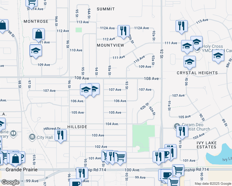 map of restaurants, bars, coffee shops, grocery stores, and more near 9311 107 Avenue in Grande Prairie