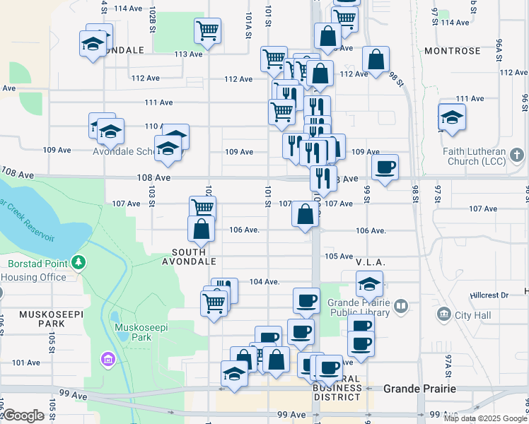 map of restaurants, bars, coffee shops, grocery stores, and more near in Grande Prairie