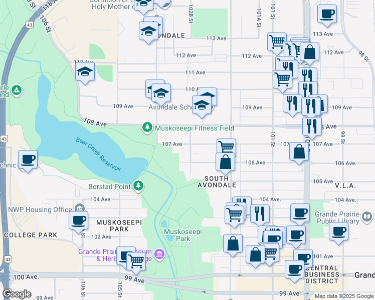 map of restaurants, bars, coffee shops, grocery stores, and more near 10236 107 Avenue in Grande Prairie