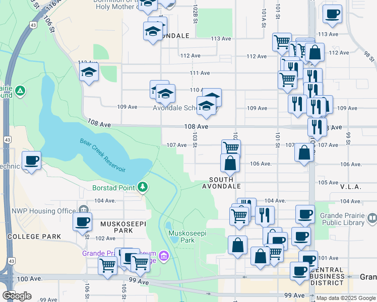 map of restaurants, bars, coffee shops, grocery stores, and more near 10314 107 Avenue in Grande Prairie
