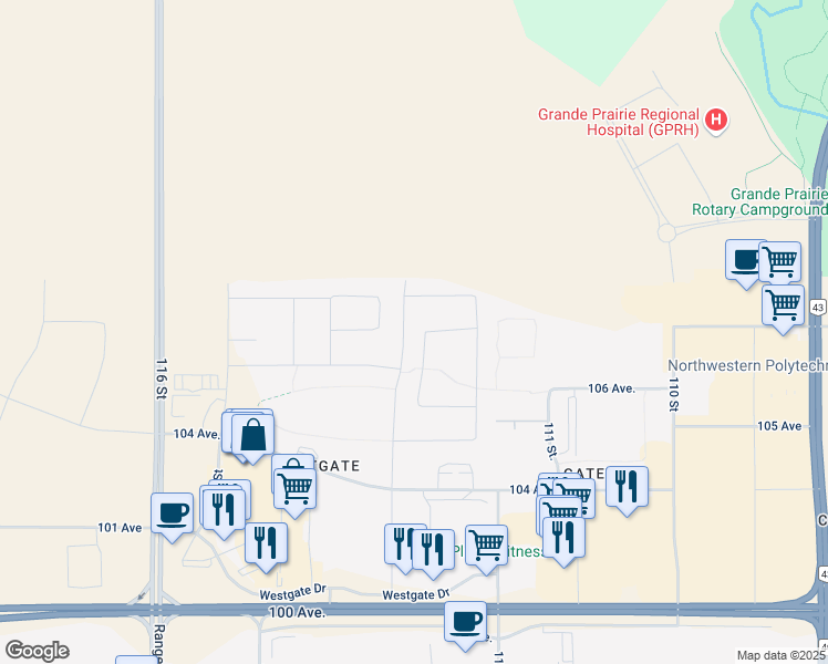 map of restaurants, bars, coffee shops, grocery stores, and more near 11337 107 Avenue in Grande Prairie