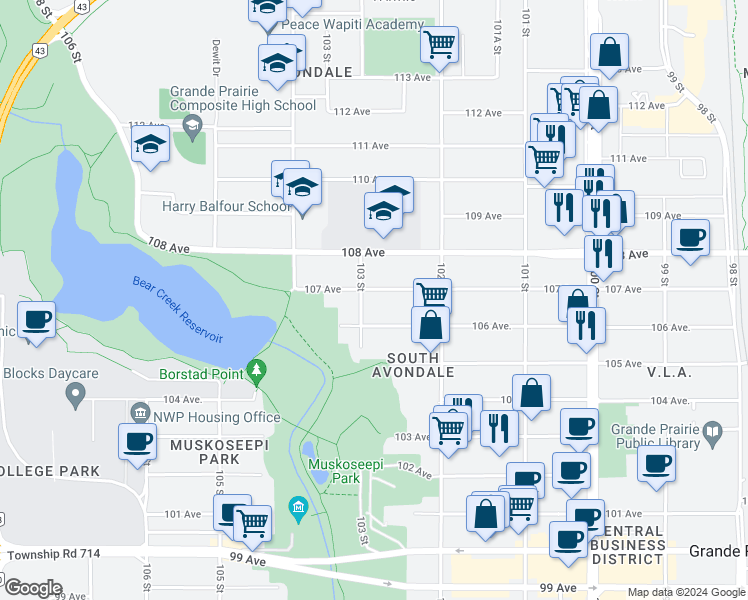 map of restaurants, bars, coffee shops, grocery stores, and more near 10231 107 Avenue in Grande Prairie