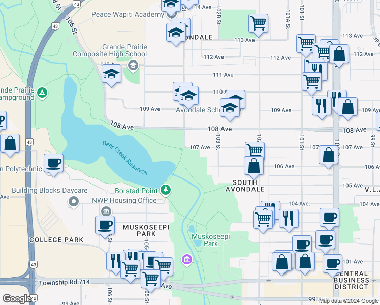 map of restaurants, bars, coffee shops, grocery stores, and more near 10327 107 Avenue in Grande Prairie