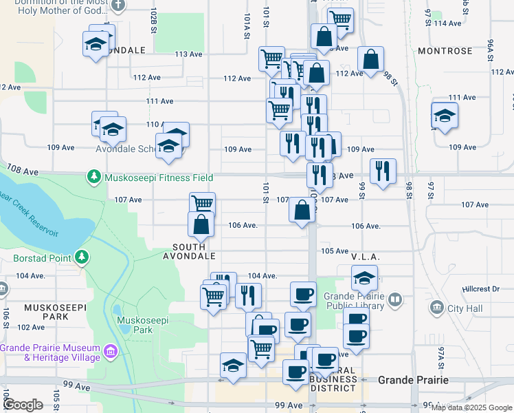map of restaurants, bars, coffee shops, grocery stores, and more near 10105 107 Avenue in Grande Prairie