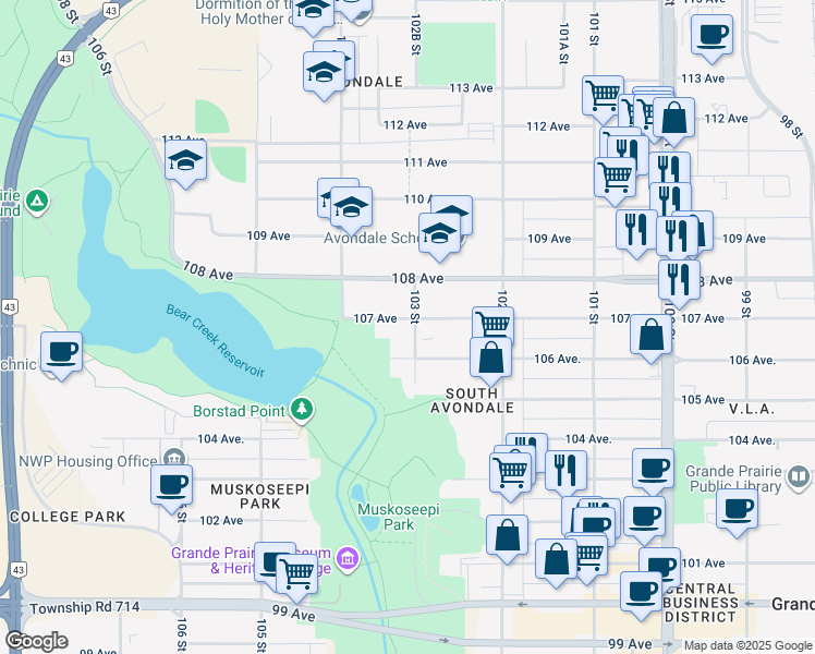 map of restaurants, bars, coffee shops, grocery stores, and more near 10301 107 Avenue in Grande Prairie
