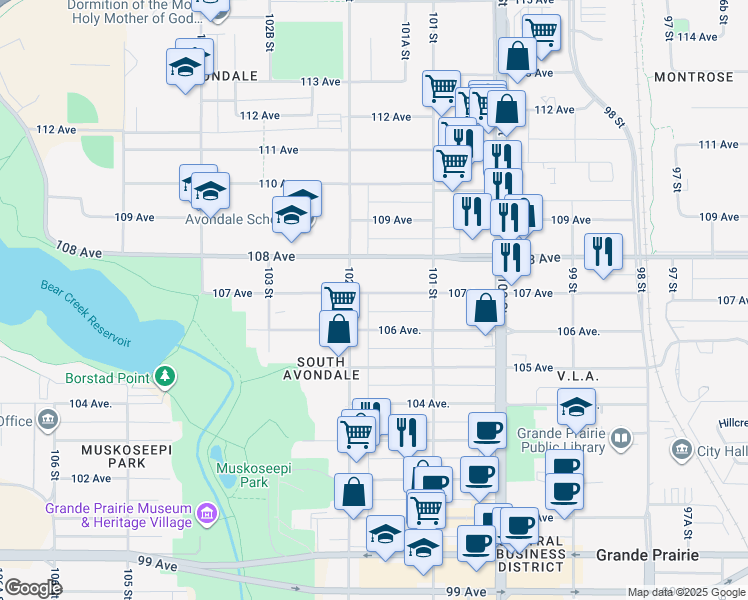 map of restaurants, bars, coffee shops, grocery stores, and more near 10131 107 Avenue in Grande Prairie
