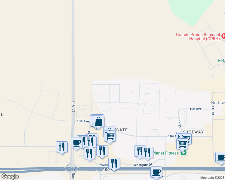 map of restaurants, bars, coffee shops, grocery stores, and more near 10615 114C Street in Grande Prairie