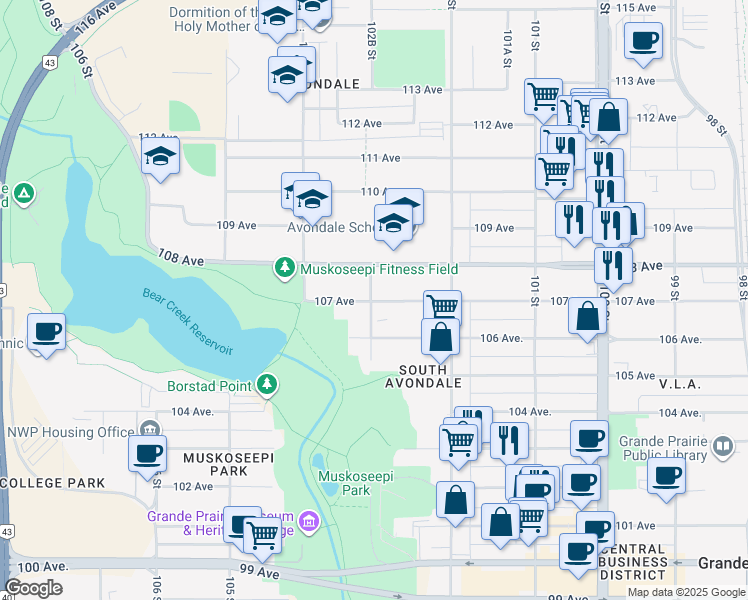 map of restaurants, bars, coffee shops, grocery stores, and more near 10236 107 Avenue in Grande Prairie