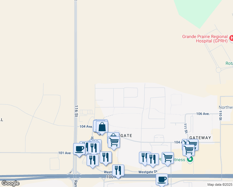 map of restaurants, bars, coffee shops, grocery stores, and more near 10615 114c Street in Grande Prairie