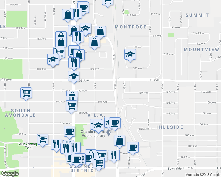 map of restaurants, bars, coffee shops, grocery stores, and more near 9806 107 Avenue in Grande Prairie
