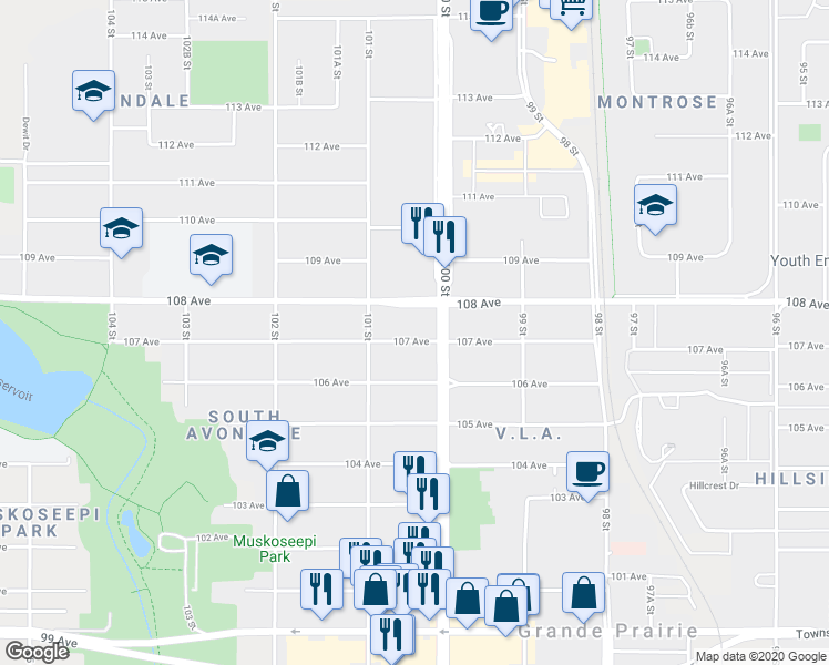map of restaurants, bars, coffee shops, grocery stores, and more near 10003 108 Avenue in Grande Prairie