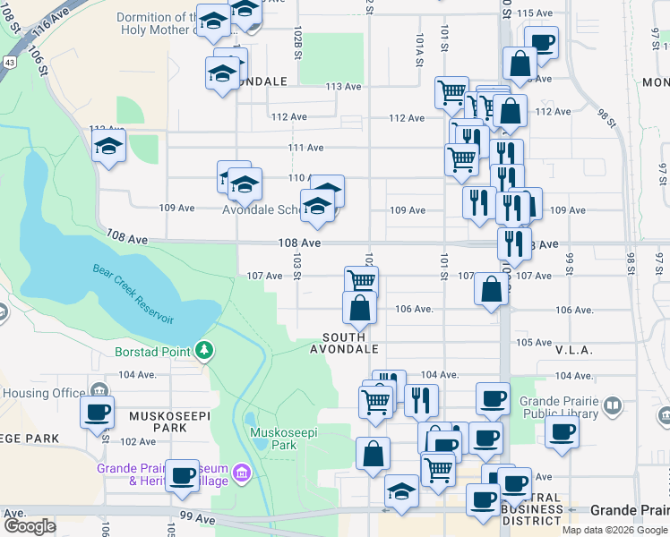 map of restaurants, bars, coffee shops, grocery stores, and more near 10216 107 Avenue in Grande Prairie
