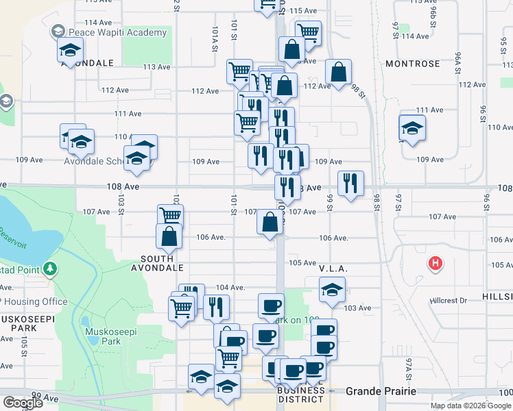 map of restaurants, bars, coffee shops, grocery stores, and more near 10012 107 Avenue in Grande Prairie