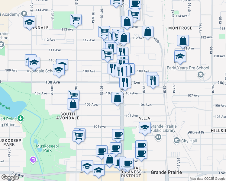 map of restaurants, bars, coffee shops, grocery stores, and more near 10012 107 Avenue in Grande Prairie