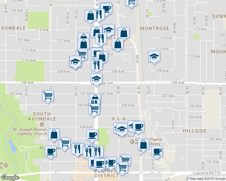 map of restaurants, bars, coffee shops, grocery stores, and more near 9910 107 Avenue in Grande Prairie