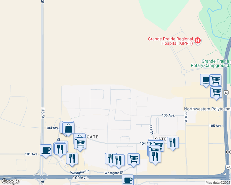 map of restaurants, bars, coffee shops, grocery stores, and more near 11337 107 Avenue in Grande Prairie