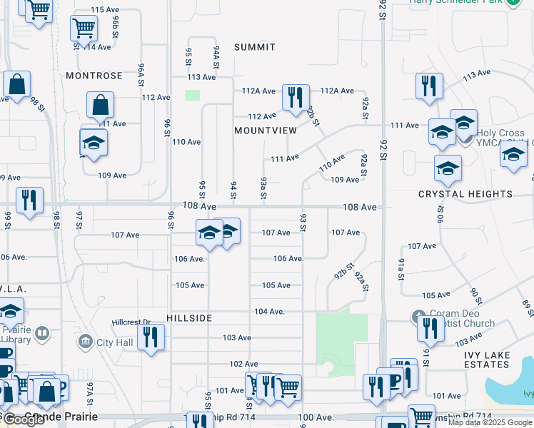 map of restaurants, bars, coffee shops, grocery stores, and more near 9317 A 108 Avenue in Grande Prairie