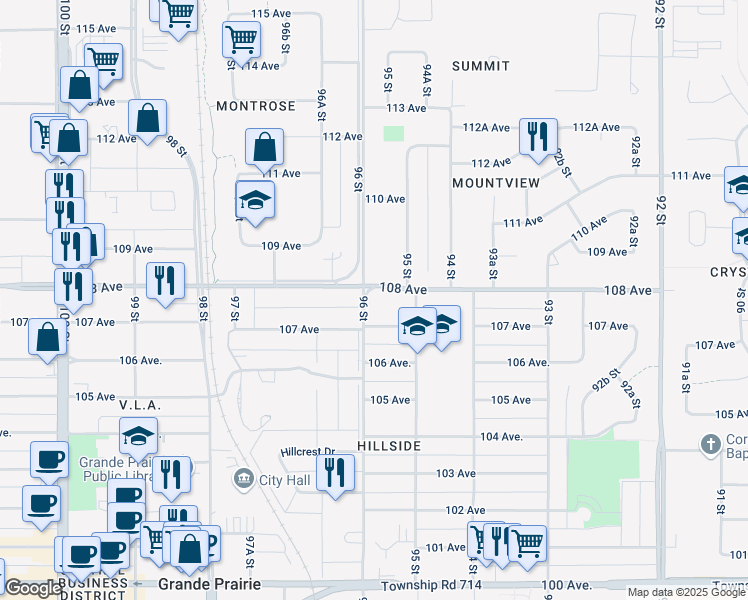 map of restaurants, bars, coffee shops, grocery stores, and more near 9515 108 Avenue in Grande Prairie