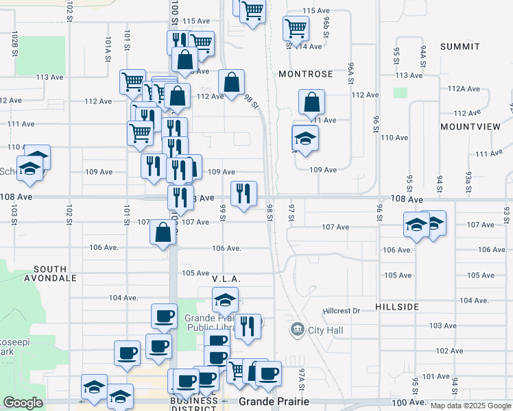 map of restaurants, bars, coffee shops, grocery stores, and more near 9806 107 Avenue in Grande Prairie