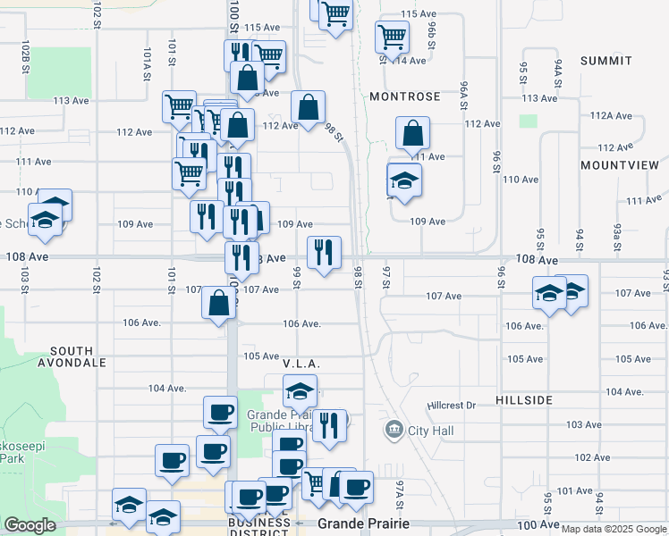 map of restaurants, bars, coffee shops, grocery stores, and more near 9806 107 Avenue in Grande Prairie