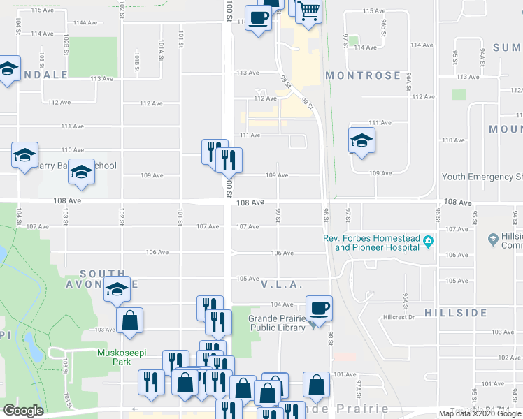 map of restaurants, bars, coffee shops, grocery stores, and more near 9910 107 Avenue in Grande Prairie
