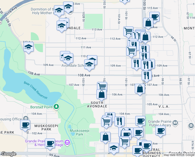 map of restaurants, bars, coffee shops, grocery stores, and more near 10216 107 Avenue in Grande Prairie