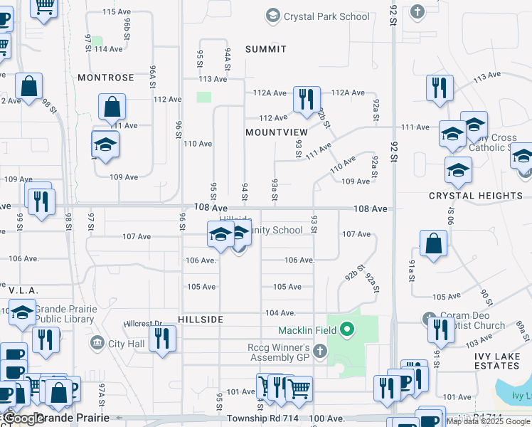 map of restaurants, bars, coffee shops, grocery stores, and more near 9323 108 Avenue in Grande Prairie