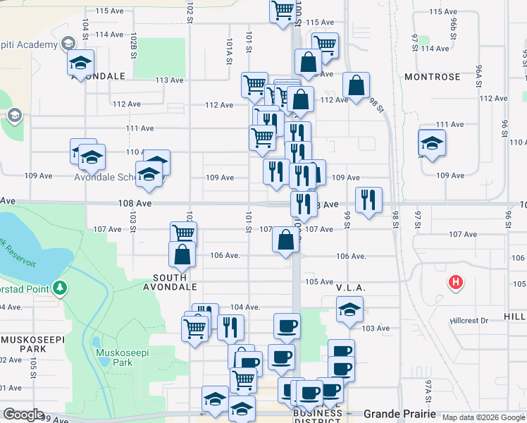 map of restaurants, bars, coffee shops, grocery stores, and more near 10017 108 Avenue in Grande Prairie