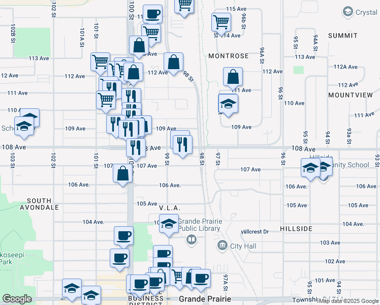 map of restaurants, bars, coffee shops, grocery stores, and more near 9807 108 Avenue in Grande Prairie