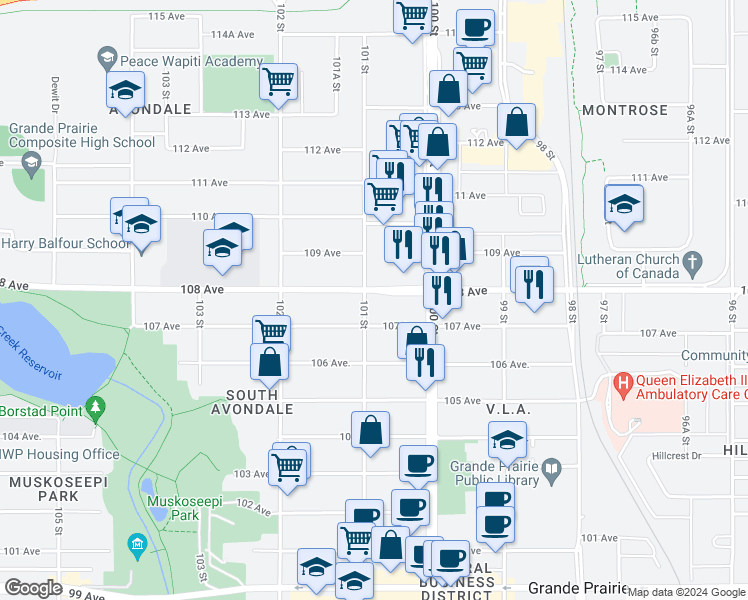 map of restaurants, bars, coffee shops, grocery stores, and more near 10021 A 108 Avenue in Grande Prairie