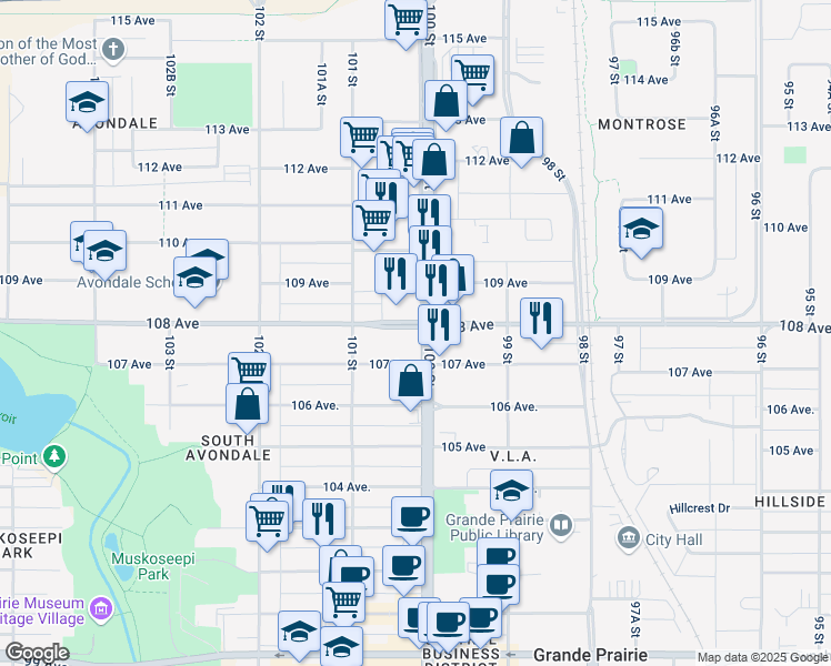 map of restaurants, bars, coffee shops, grocery stores, and more near 10003 108 Avenue in Grande Prairie
