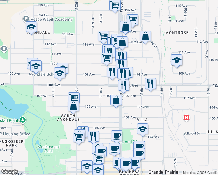 map of restaurants, bars, coffee shops, grocery stores, and more near 10028 107 Avenue in Grande Prairie