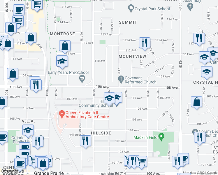 map of restaurants, bars, coffee shops, grocery stores, and more near 9436 108 Avenue in Grande Prairie
