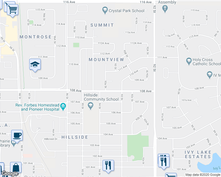 map of restaurants, bars, coffee shops, grocery stores, and more near 9317 A 108 Avenue in Grande Prairie