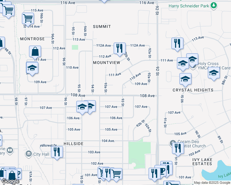 map of restaurants, bars, coffee shops, grocery stores, and more near 9310 108 Avenue in Grande Prairie
