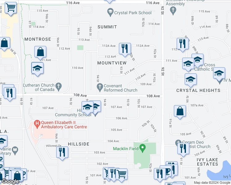 map of restaurants, bars, coffee shops, grocery stores, and more near 9314 108 Avenue in Grande Prairie
